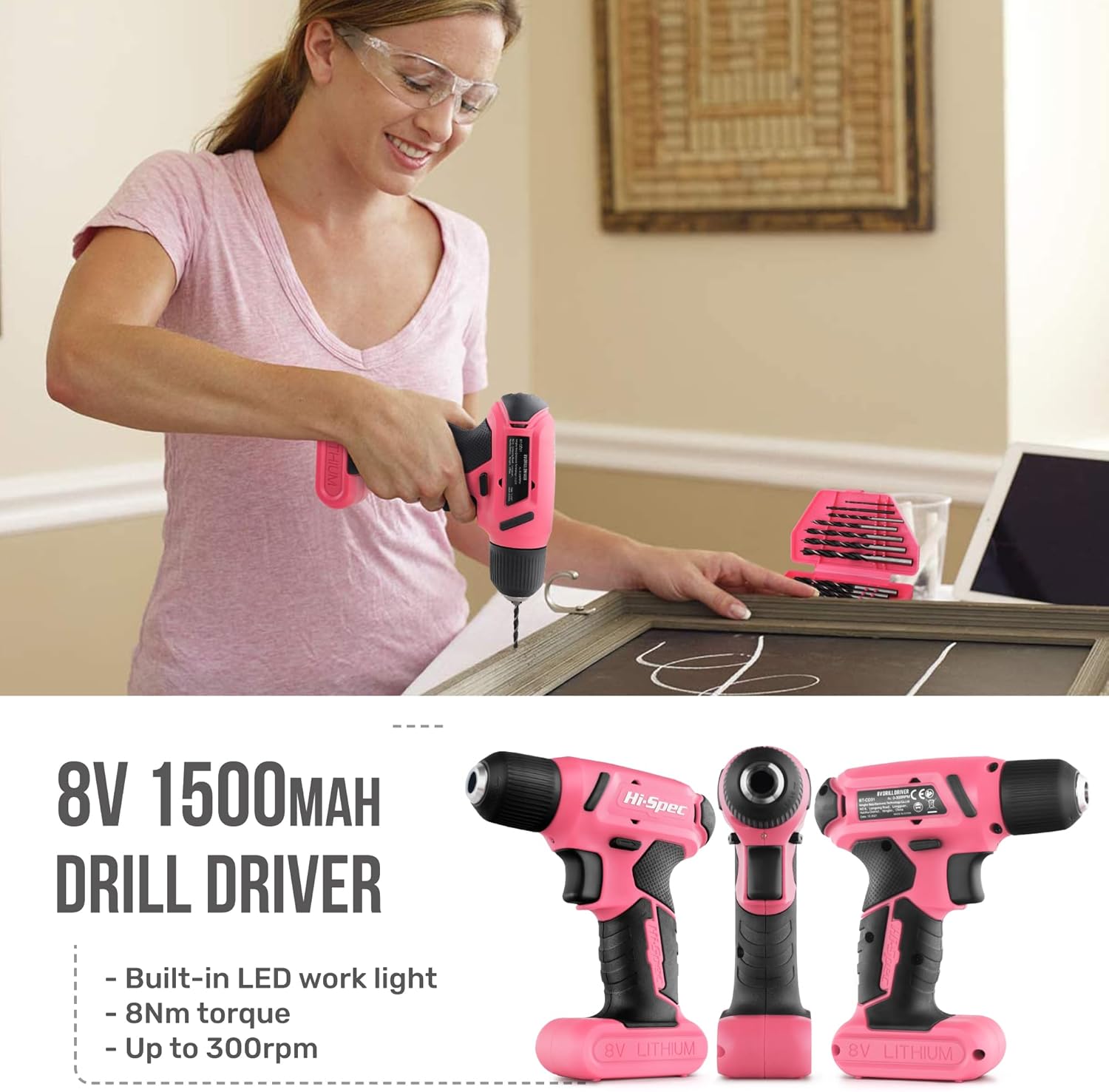 Hi-Spec 57-Piece Pink 8V Cordless Drill Driver & Home DIY Tool Kit – USB Rechargeable Electric Drill with Screwdriver Bits, Pliers & Hammer - PuriLite