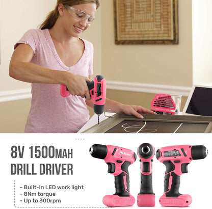 Hi-Spec 57-Piece Pink 8V Cordless Drill Driver & Home DIY Tool Kit – USB Rechargeable Electric Drill with Screwdriver Bits, Pliers & Hammer - PuriLite