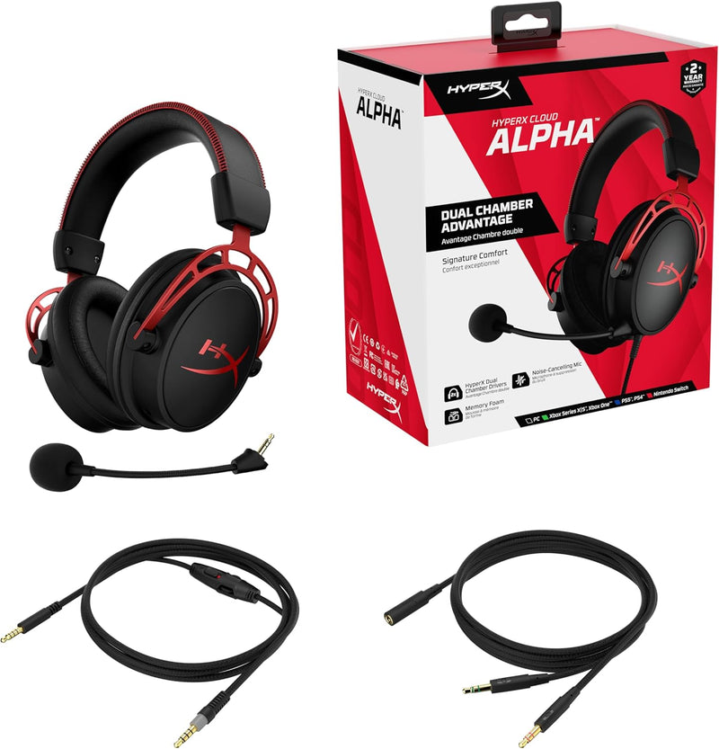 HyperX Cloud Alpha - Gaming Headset, Dual Chamber Drivers, Legendary Comfort, Aluminum Frame, Detachable Microphone, Works on PC, PS4, PS5, Xbox One/ Series X|S, Nintendo Switch and Mobile – Red