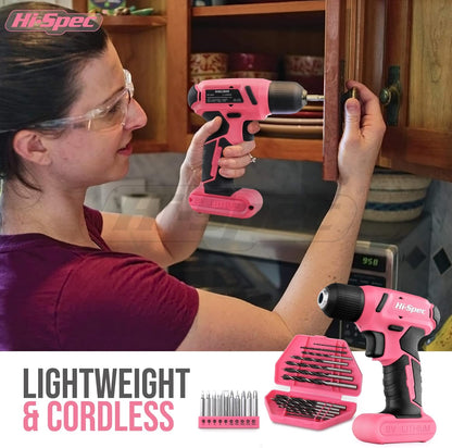 Hi-Spec 57-Piece Pink 8V Cordless Drill Driver & Home DIY Tool Kit – USB Rechargeable Electric Drill with Screwdriver Bits, Pliers & Hammer - PuriLite