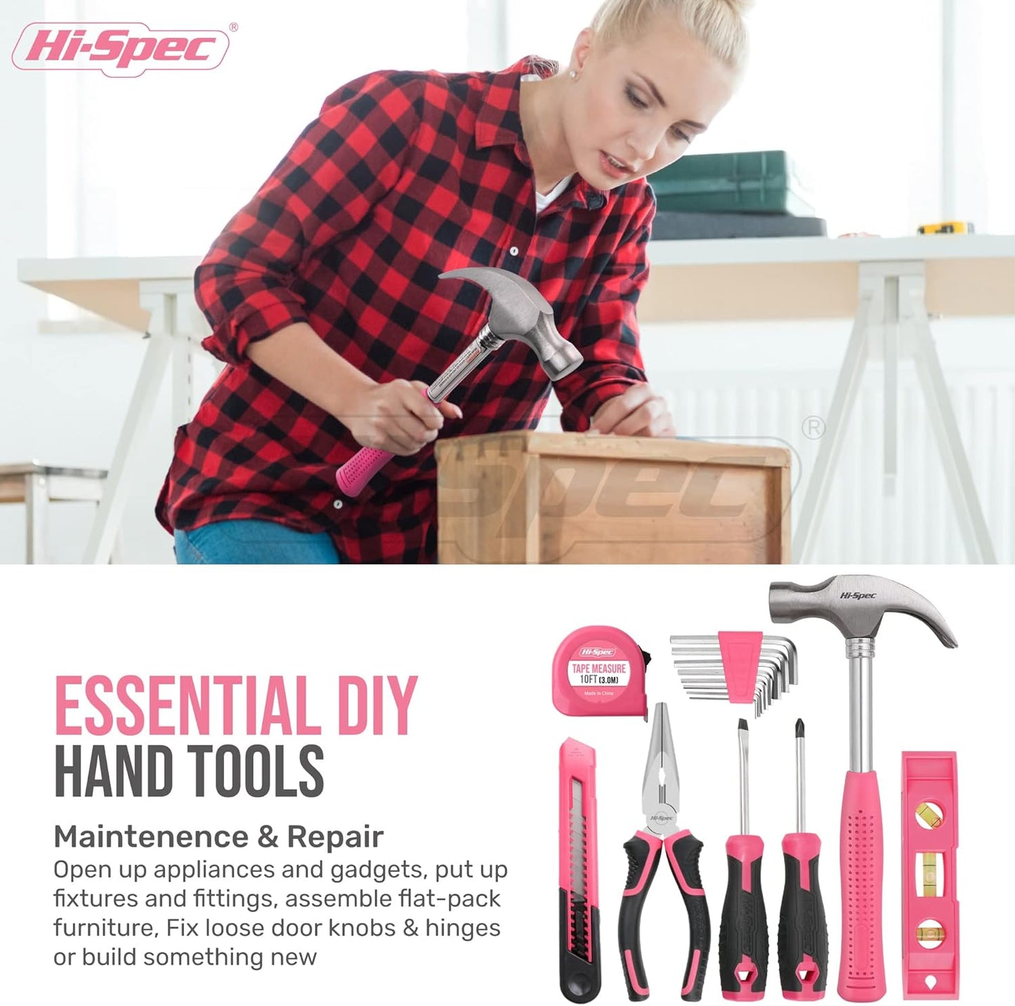 Hi-Spec 57-Piece Pink 8V Cordless Drill Driver & Home DIY Tool Kit – USB Rechargeable Electric Drill with Screwdriver Bits, Pliers & Hammer - PuriLite