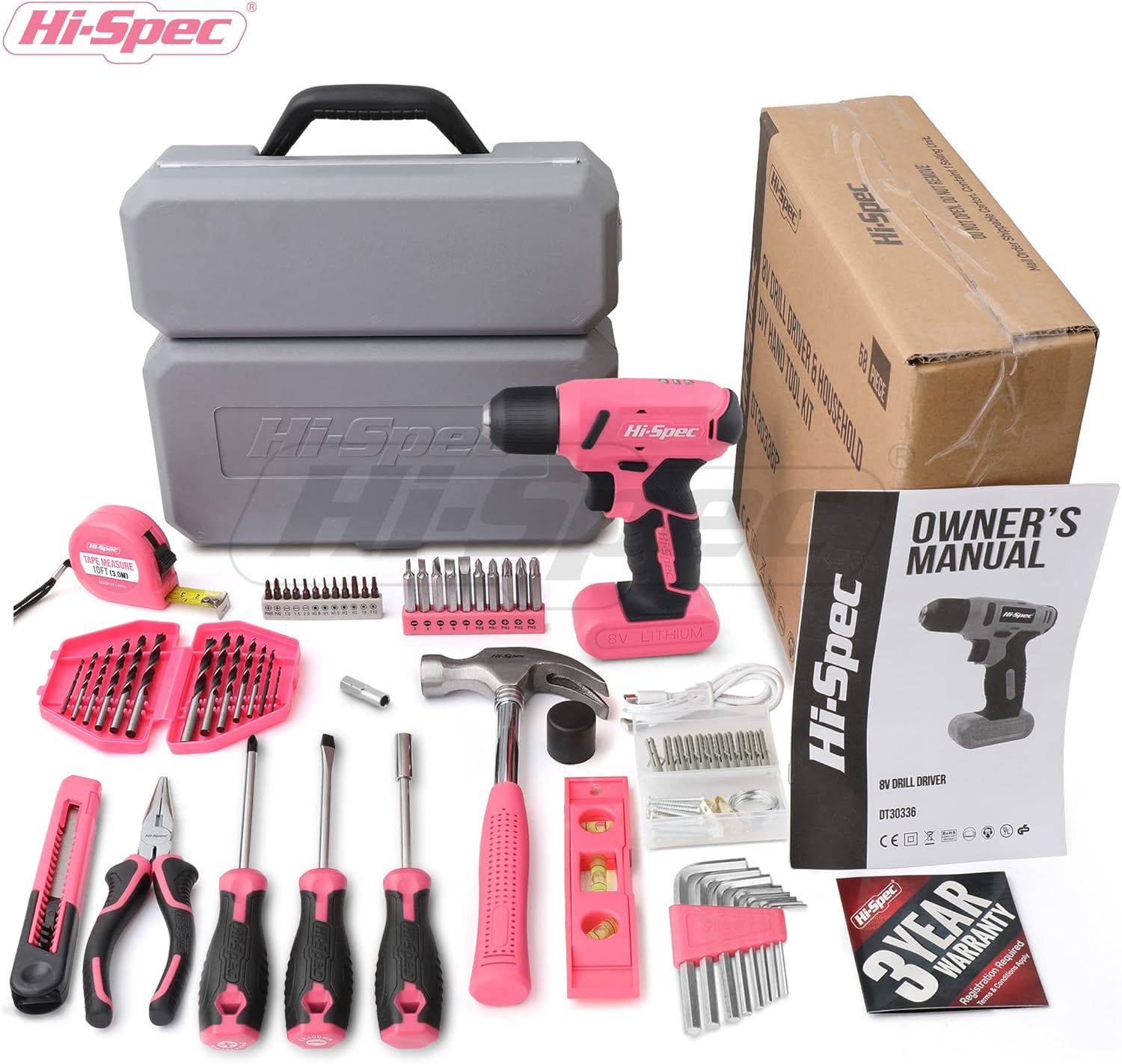 Hi-Spec 57-Piece Pink 8V Cordless Drill Driver & Home DIY Tool Kit – USB Rechargeable Electric Drill with Screwdriver Bits, Pliers & Hammer - PuriLite
