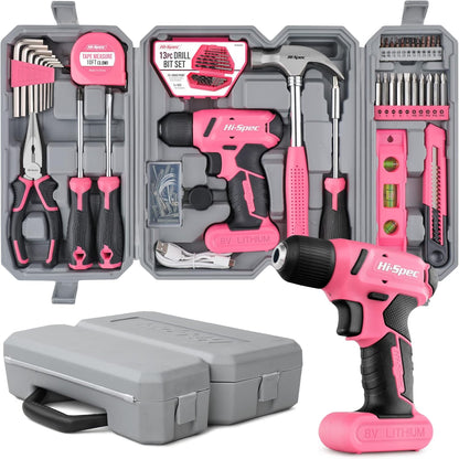 Hi-Spec 57-Piece Pink 8V Cordless Drill Driver & Home DIY Tool Kit – USB Rechargeable Electric Drill with Screwdriver Bits, Pliers & Hammer - PuriLite