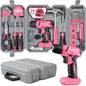 Hi-Spec 57-Piece Pink 8V Cordless Drill Driver & Home DIY Tool Kit – USB Rechargeable Electric Drill with Screwdriver Bits, Pliers & Hammer - PuriLite