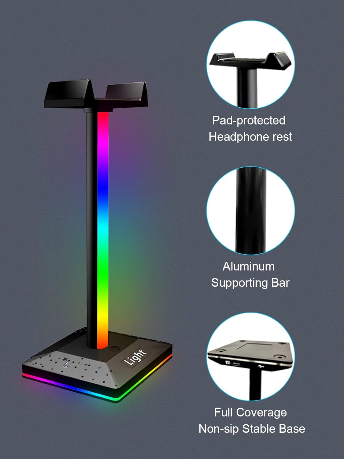 RGB Gaming Headphone Stand with Multi-Color LED Lights, Desktop Headset Holder with Stable Base for PC and Console Setup - PuriLite