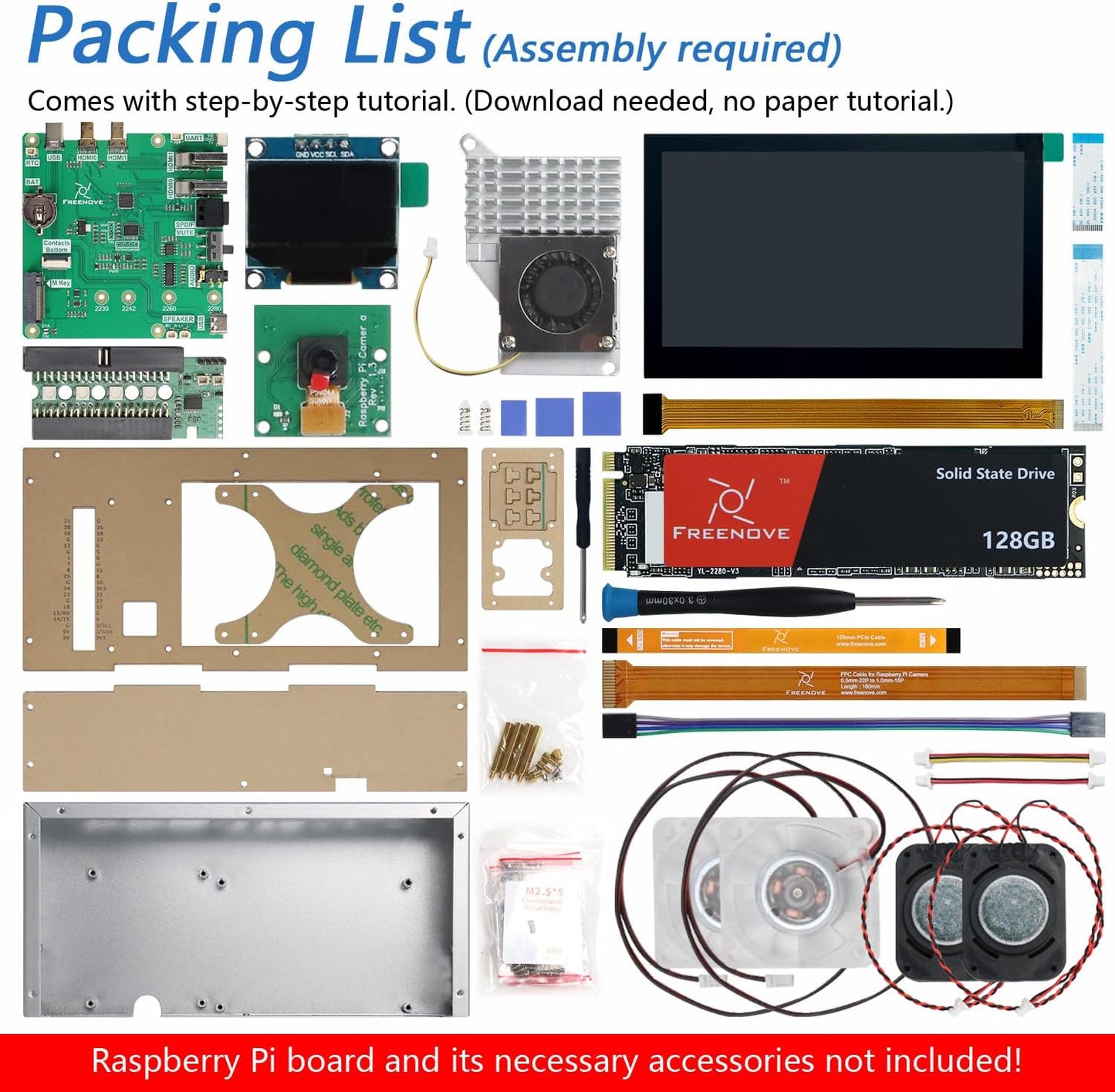 Freenove Raspberry Pi 5 Computer Case Kit with 128GB NVMe SSD, 4.3-Inch Touchscreen, 5MP Camera, OLED Screen, Stereo Speakers & Cooling System