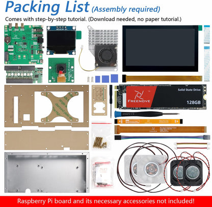 Freenove Raspberry Pi 5 Computer Case Kit with 128GB NVMe SSD, 4.3-Inch Touchscreen, 5MP Camera, OLED Screen, Stereo Speakers & Cooling System