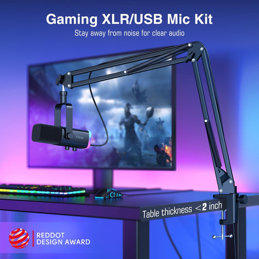FIFINE XLR/USB Gaming Microphone Set, Dynamic PC Mic for Streaming Podcasting, Computer RGB Mic Kit with Boom Arm Stand, Mute Button, Headphones Jack, for Recording Vocal Voice-Over-AmpliGame AM8T - PuriLite