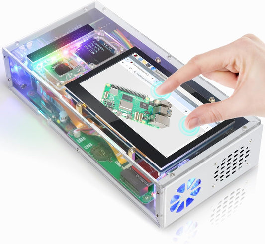 Freenove Raspberry Pi 5 Computer Case Kit with 128GB NVMe SSD, 4.3-Inch Touchscreen, 5MP Camera, OLED Screen, Stereo Speakers & Cooling System
