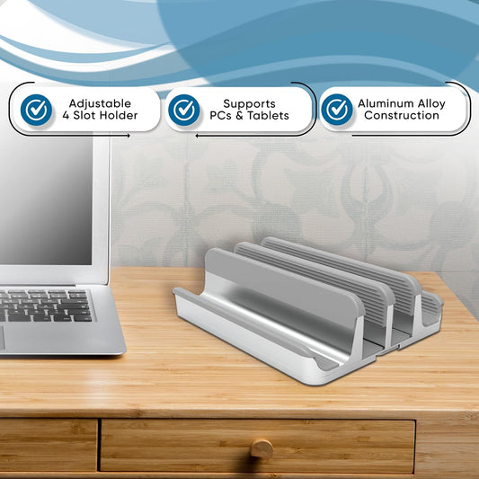 Adjustable Vertical Laptop Stand for Multiple Devices, 4-Slot Aluminum Desktop Dock Holder for Laptops, Tablets, and Phones up to 17.3 Inch (Silver)