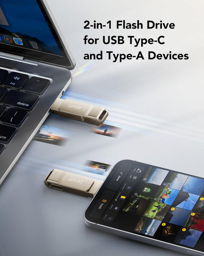 Lexar D40E 256GB Dual Drive USB 3.2 Gen 1 Type-C™ Jump Drive, USB-C Flash Drive Metal Housing Swivel Design Thumb Drive