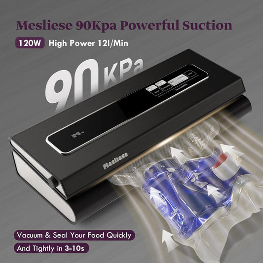 Vacuum Sealer Machine, Mesliese 90Kpa Powerful 6-in-1 Precision Compact Vacuum Food Preservation System with Cutter, 2 Bag Rolls & 5 Pre-cut Bags, Dry&Moist Modes Smart Suction, ETL Listed (Dark Gray) - PuriLite