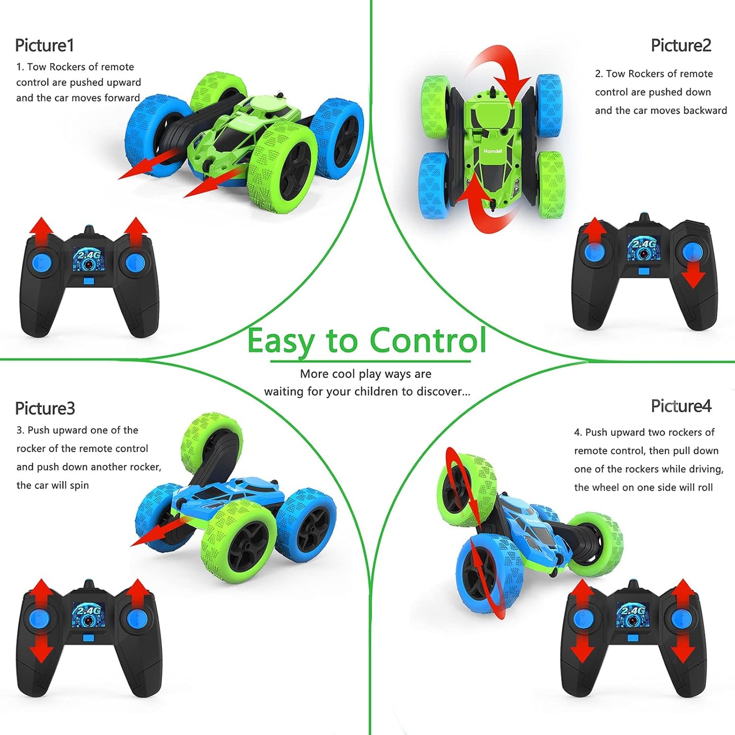 Hamdol Remote Control Car Double Sided 360°Rotating 4WD RC Cars with Headlights 2.4GHz Electric Race Stunt Toy Car Rechargeable Toy Cars for Boys Girls Birthday Blue&Green