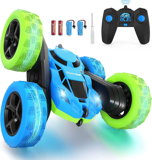 Hamdol Remote Control Car Double Sided 360°Rotating 4WD RC Cars with Headlights 2.4GHz Electric Race Stunt Toy Car Rechargeable Toy Cars for Boys Girls Birthday Blue&Green