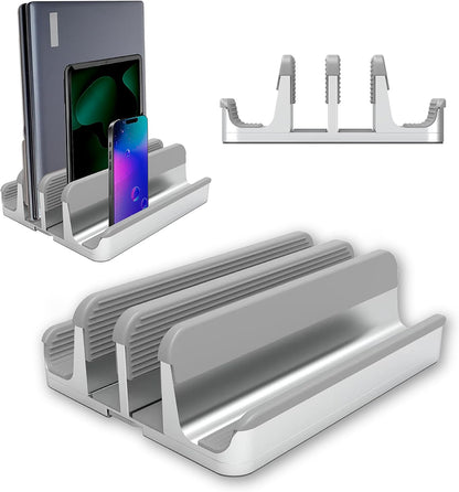 Adjustable Vertical Laptop Stand for Multiple Devices, 4-Slot Aluminum Desktop Dock Holder for Laptops, Tablets, and Phones up to 17.3 Inch (Silver) - PuriLite