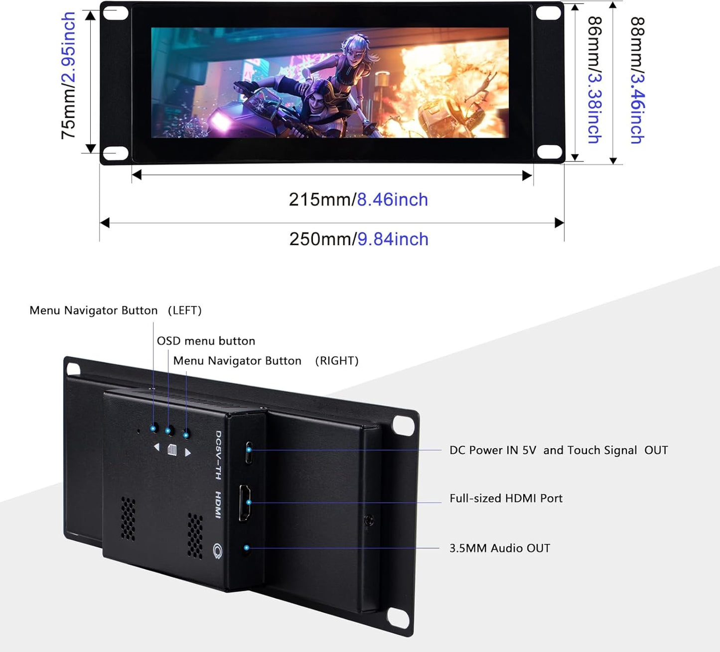 GeeekPi 7.84-Inch 1280x400 LCD Touch Screen 2U Rack-Mount Monitor for DeskPi RackMate T0/T1/T2 Server Cabinet