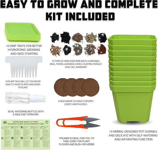 10 Herb Seeds Garden Starter Grow Kit with Green Pots, Markers, Nutritional Soil, Watering, Herb Clipper, Complete Indoor Potted Plant Growing Set for Kitchen DIY - PuriLite