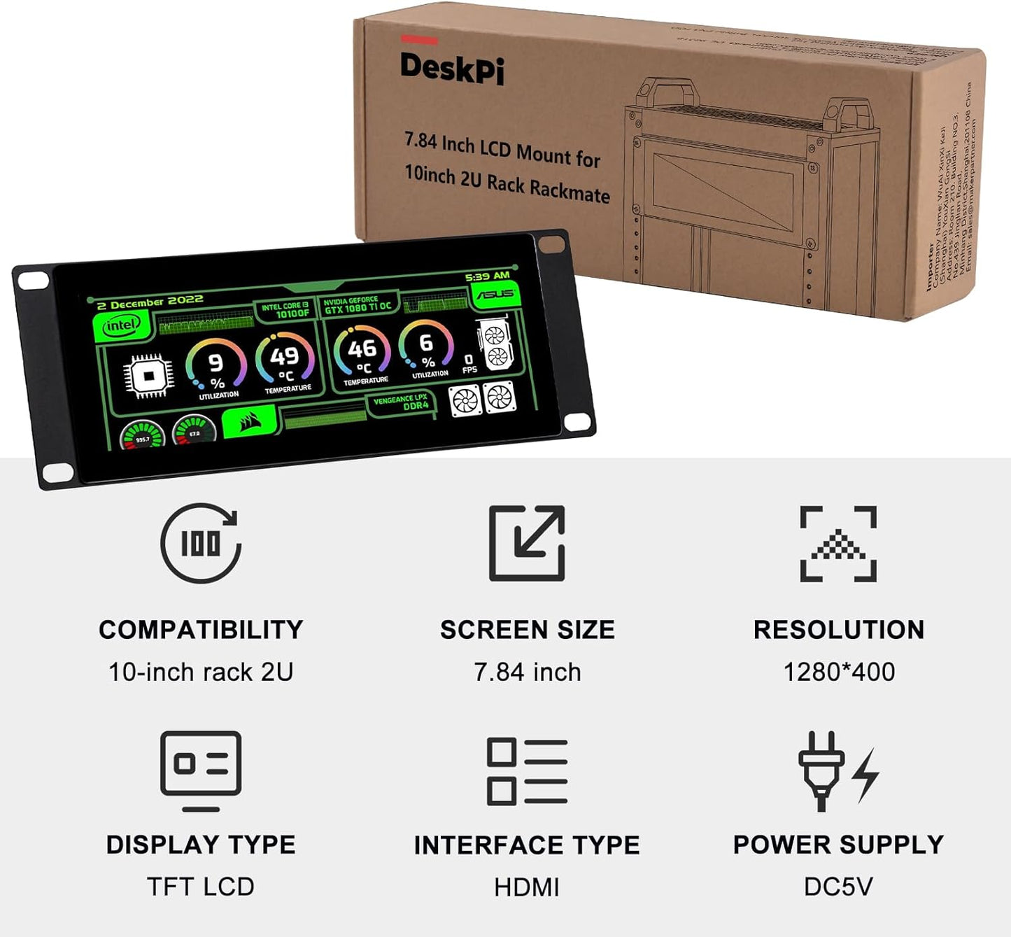 GeeekPi 7.84-Inch 1280x400 LCD Touch Screen 2U Rack-Mount Monitor for DeskPi RackMate T0/T1/T2 Server Cabinet