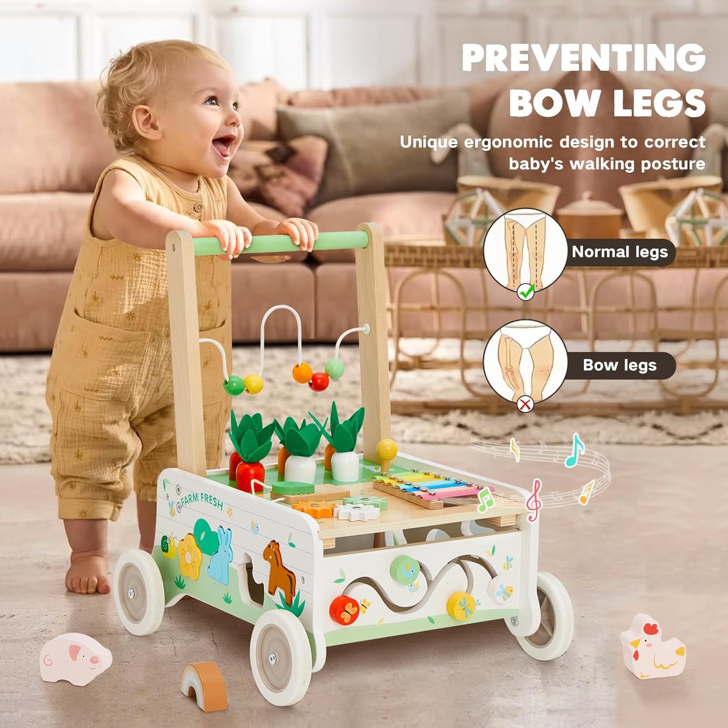 Wooden Baby Walker, Baby Push Walker Adjustable Speed Baby Walker Toddler Activity Center Toys Montessori Farm Walker Toy with Shape Sorter Carrot Wooden Toy for Boys and Girls