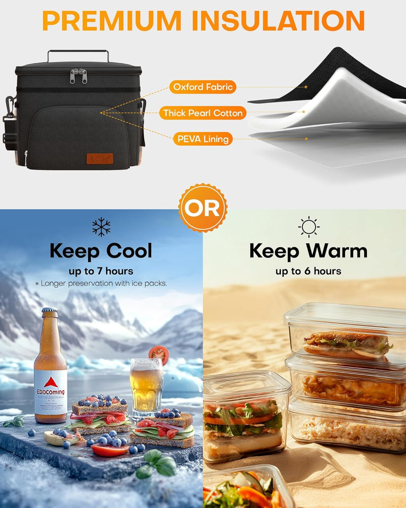HOTOR Insulated Lunch Bags for Men & Women - Leak-Proof Cooler Lunch Box with 4 Pockets, Adjustable Strap - Medium, Black, 26cm × 17cm × 22cm