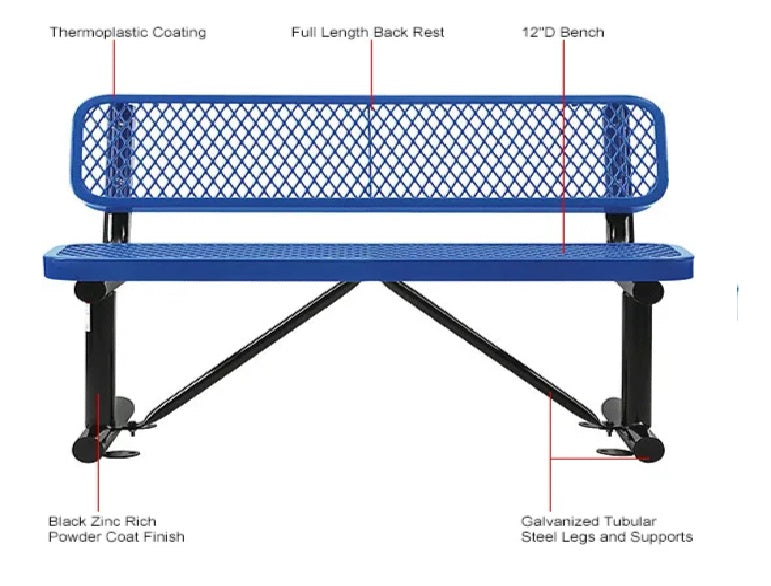 Global Industrial™ 4' Outdoor Steel Bench w/ Backrest, Expanded Metal, Blue
