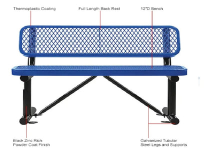 Global Industrial™ 4' Outdoor Steel Bench w/ Backrest, Expanded Metal, Blue
