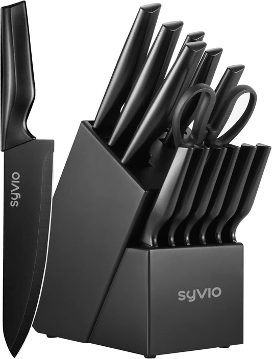 Knife Set, syvio 15pcs Knife Sets for Kitchen with Block and Sharpener, Razor-Sharp, Effortless Sharpening, Premium Kitchen Knives with Heavy Poultry Shears and 6pcs Serrated Steak Knives, Black