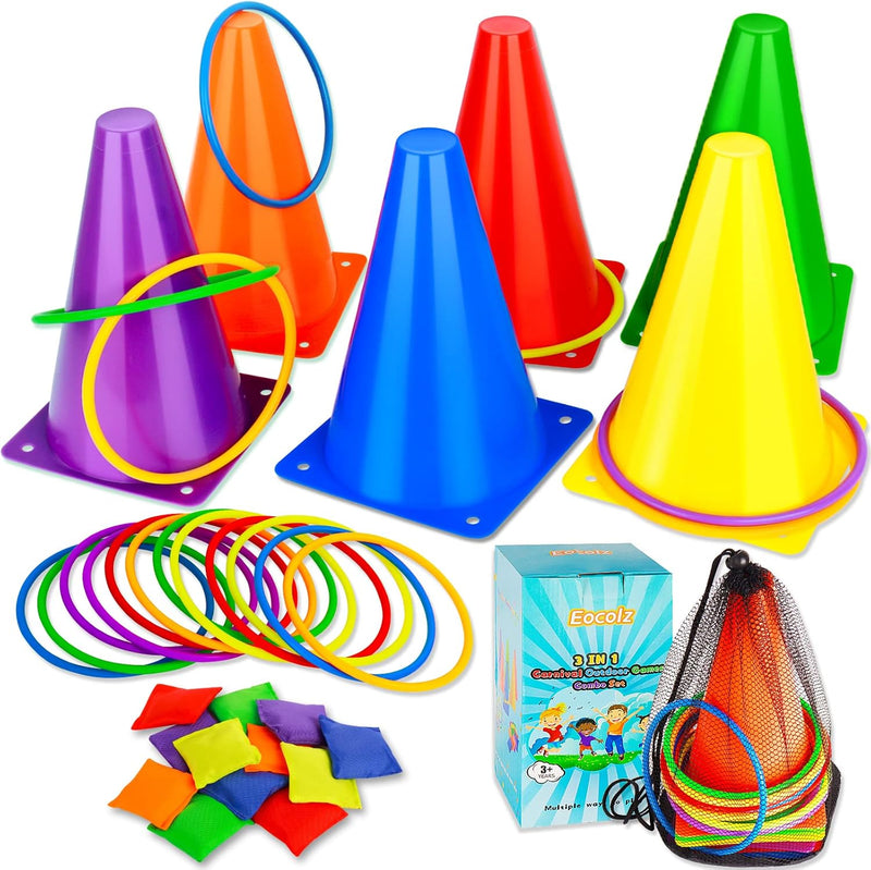 Eocolz 3 in 1 Carnival Games Set, Soft Plastic Cones Bean Bags Ring Toss Games for Kids Birthday Party Outdoor Games Supplies 32 Piece Combo Set