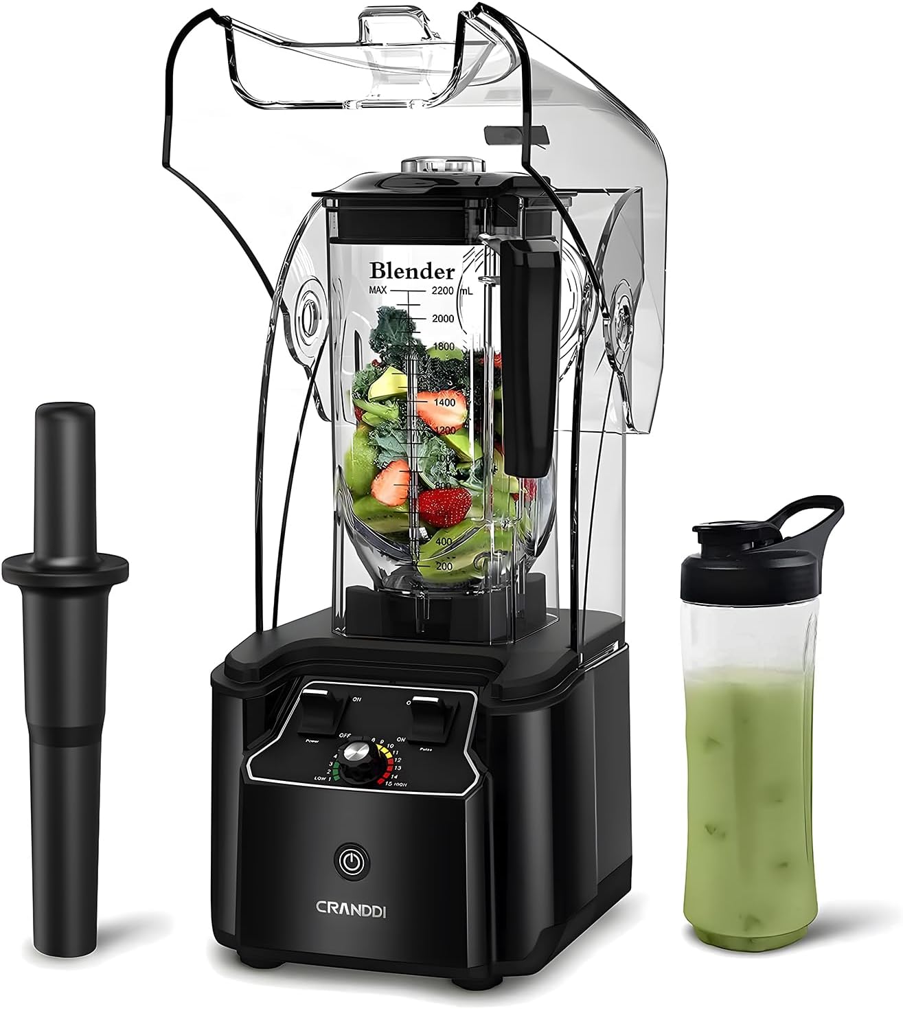 CRANDDI Commercial Quiet Blender 2200 Watt for Kitchen with Soundproof Shield Cover, Heavy Duty High Speed Blender with 80oz Pitcher and Self-Cleaning, K90 Black