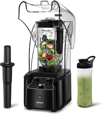CRANDDI Commercial Quiet Blender 2200 Watt for Kitchen with Soundproof Shield Cover, Heavy Duty High Speed Blender with 80oz Pitcher and Self-Cleaning, K90 Black
