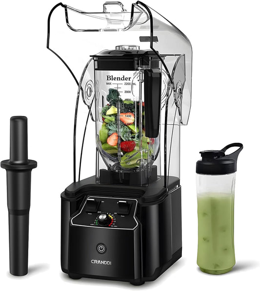 CRANDDI Commercial Quiet Blender 2200 Watt for Kitchen with Soundproof Shield Cover, Heavy Duty High Speed Blender with 80oz Pitcher and Self-Cleaning, K90 Black