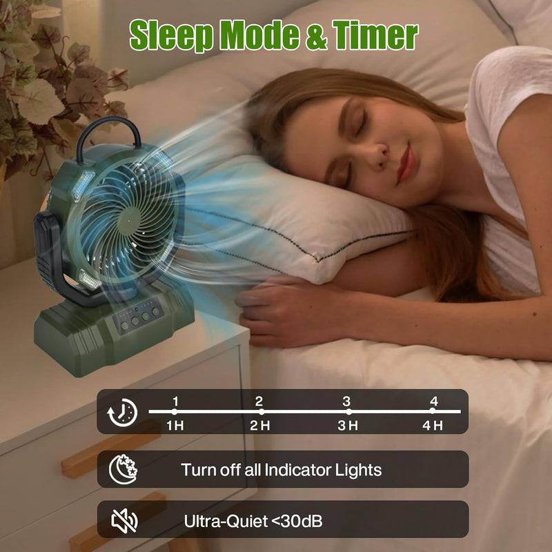 Camping Fan with LED Light, 10000mAh Rechargeable Battery, 4 Speeds & Timers - Portable Desk Fan with Remote Control for Camping, Emergency, Jobsite (Green)