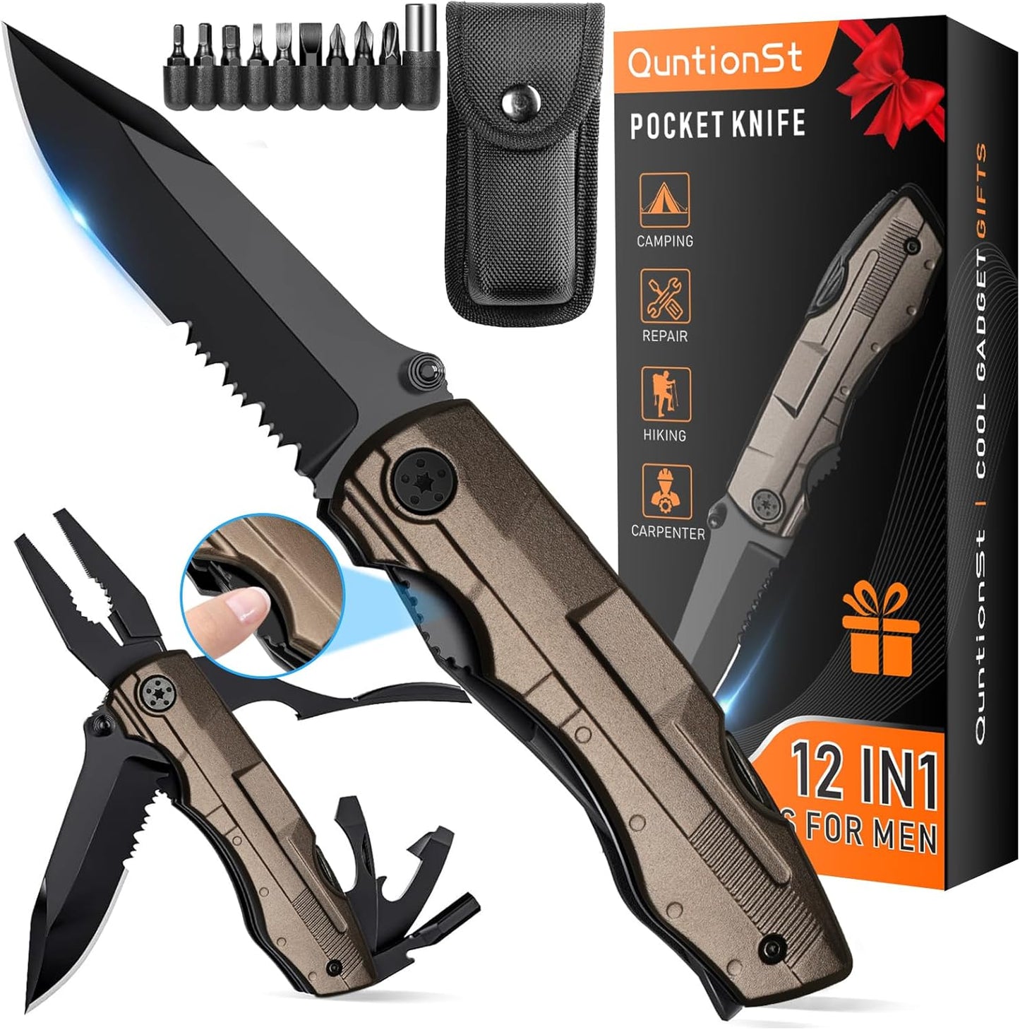 12-in-1 Pocket Multitool for Men – Stainless Steel Camping & Outdoor Essentials, Unique Stocking Stuffer Gifts for Dad, Husband, Grandpa, and Him