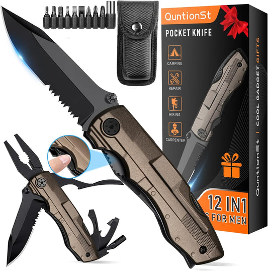 12-in-1 Pocket Multitool for Men – Stainless Steel Camping & Outdoor Essentials, Unique Stocking Stuffer Gifts for Dad, Husband, Grandpa, and Him