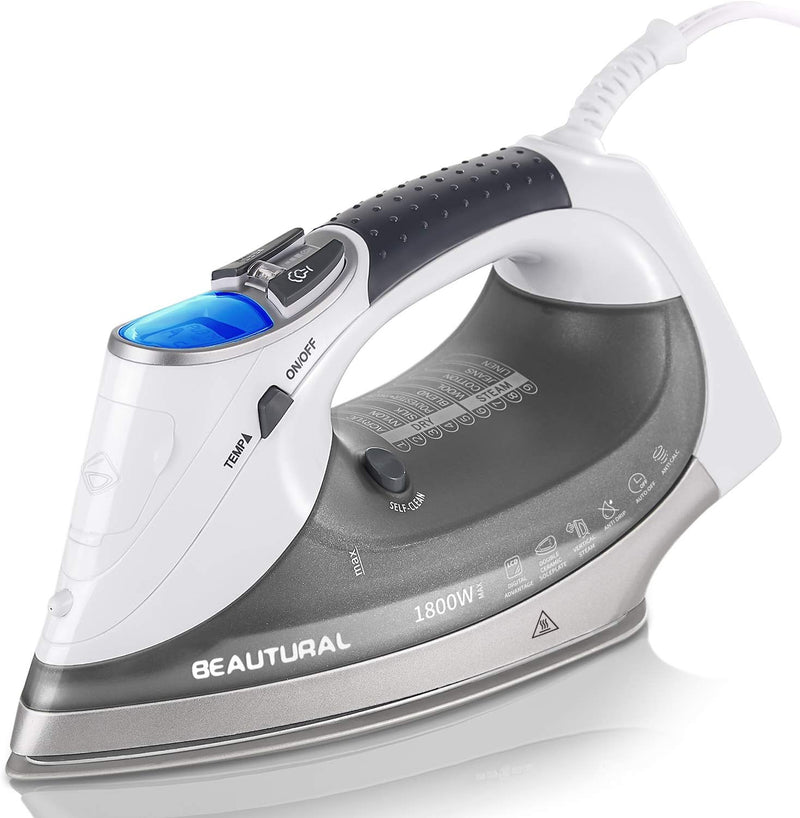 BEAUTURAL 1800-Watt Steam Iron with Digital LCD Screen, Double-Layer and Ceramic Coated Soleplate, 3-Way Auto-Off, 9 Preset Temperature and Steam Settings for Variable Fabric