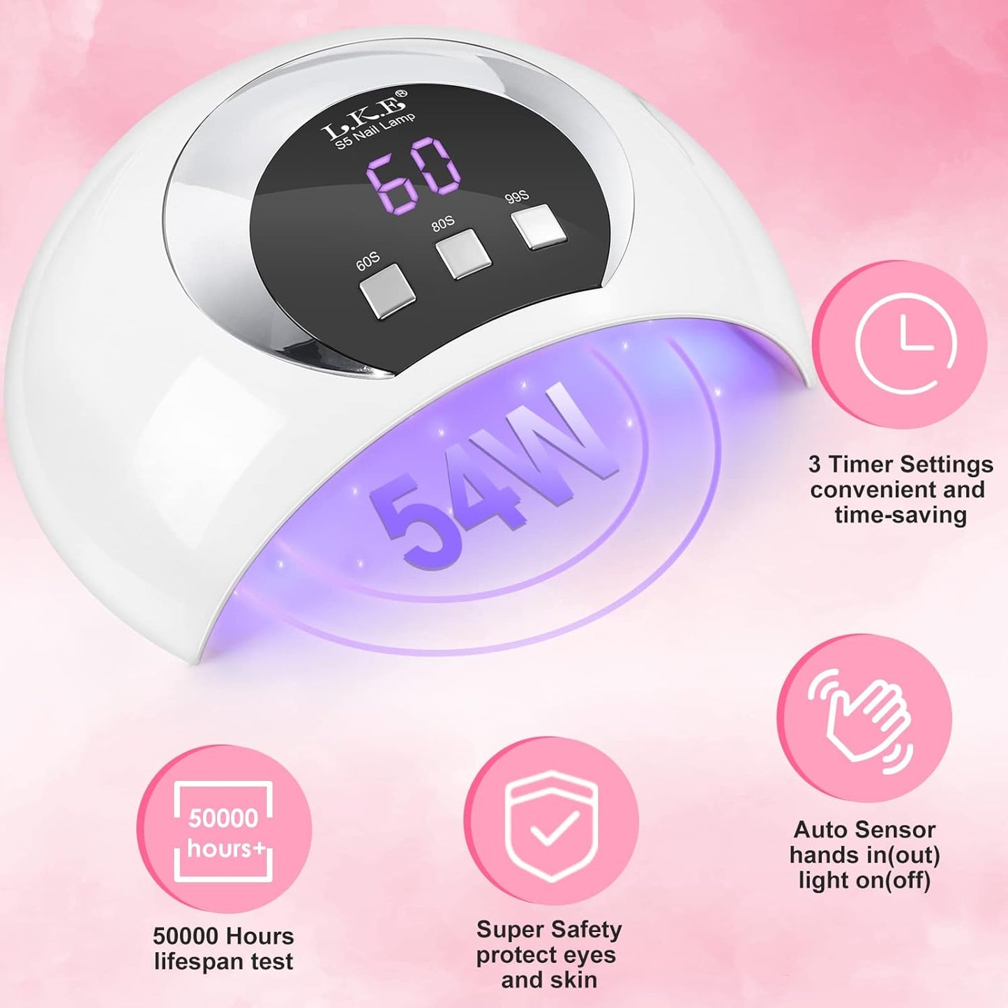 Wisdompark UV LED Nail Lamp, 54W UV Light for Gel Nails with Automatic Sensor/3 Timer Setting Professional Nail Dryer Gel Polish Curing Lamp Nail Art Tools (White)