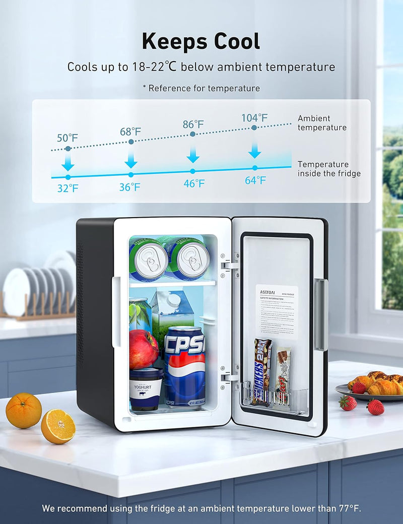 AstroAI Mini Fridge 2.0 Gen, 6 Liter/8 Cans Makeup Skincare Fridge 110V AC/ 12V DC Portable Thermoelectric Cooler and Warmer Little Tiny Fridge for Bedroom, Cosmetics (Dark Black)
