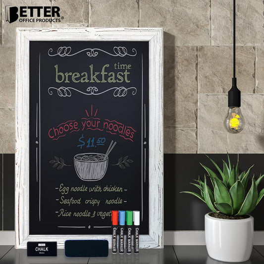 Better Office Products Magnetic Wall Chalkboard, X Large Size 20" x 30", Rustic Wood Frame, Chalkboard Sign, Vertical/Horizontal Wall Mount, Includes 4 Chalk Markers + Chalk and Eraser,(Whitewash)