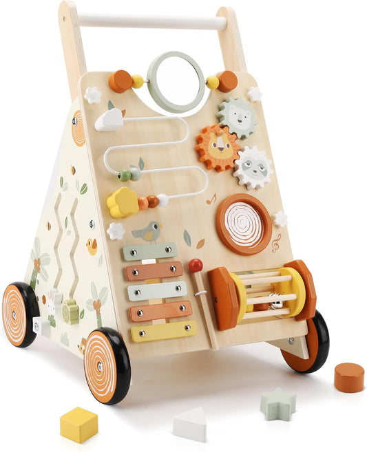 Wooden Baby Walker, Baby Push Walker with Activity Center for Girls Boys, Push Walker Toys for Babies Learning to Walk, Sit-to-Stand