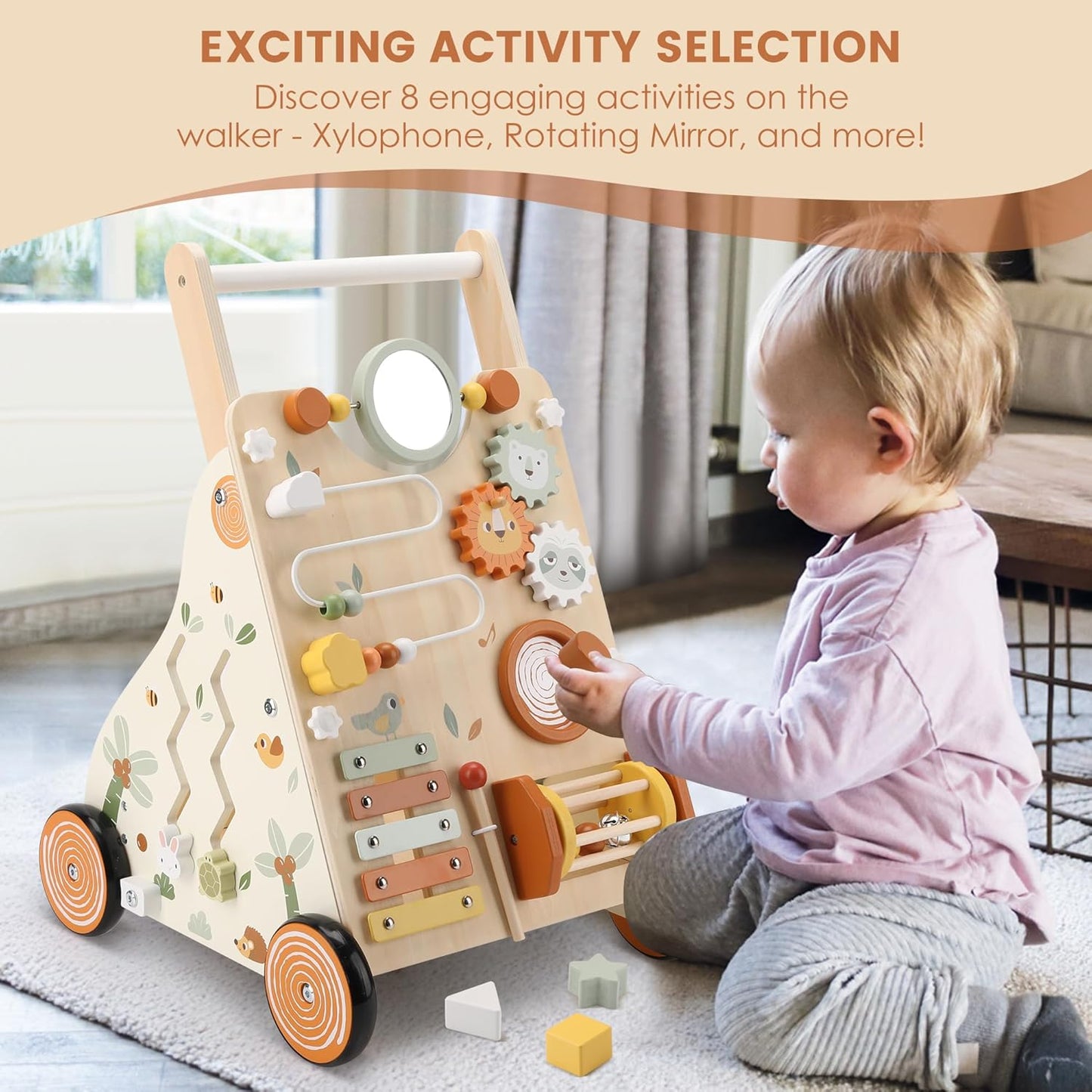 Wooden Baby Walker, Baby Push Walker with Activity Center for Girls Boys, Push Walker Toys for Babies Learning to Walk, Sit-to-Stand