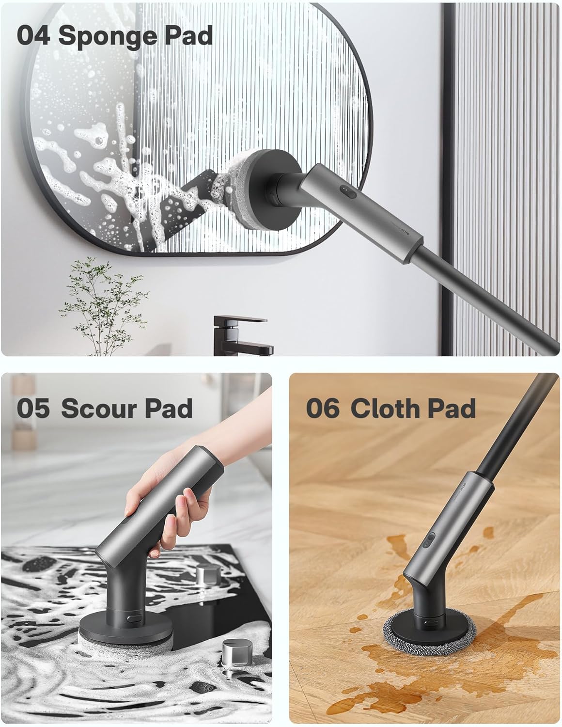 HOTO Electric Spin Scrubber, Rechargeable Shower Scrubber with 6 Brush Heads & Extension Pole, Cordless Power Cleaning Brush, Dual Speed, IPX7 Waterproof, Ideal for Bathroom/Kitchen/Tile/Floor/Wall