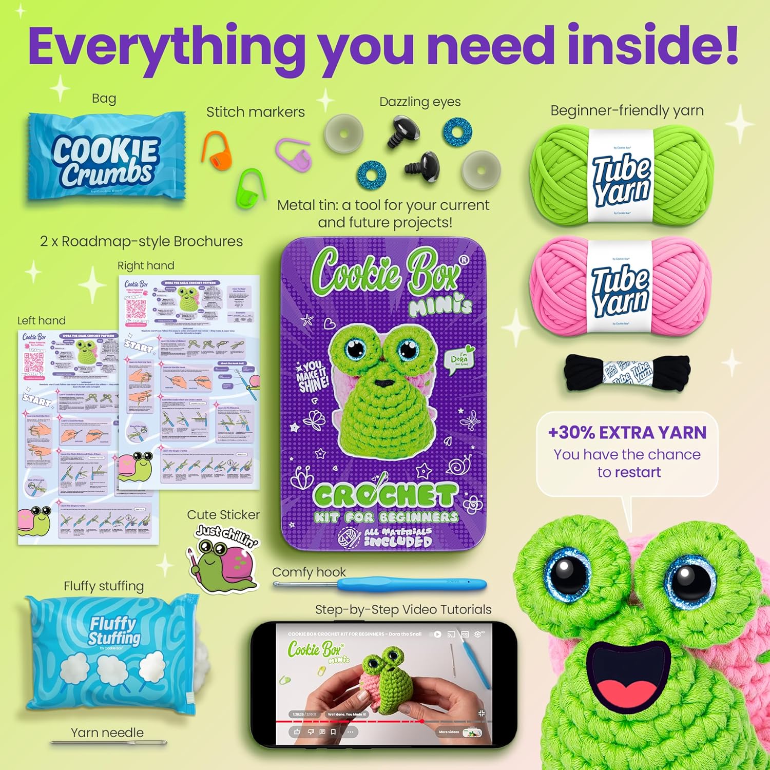 Cookie Box Crochet Kit for Beginners – Snail Dora Amigurumi Plushie DIY Kit – Easy Starter Set with Yarn, Tools & Video Tutorial - PuriLite