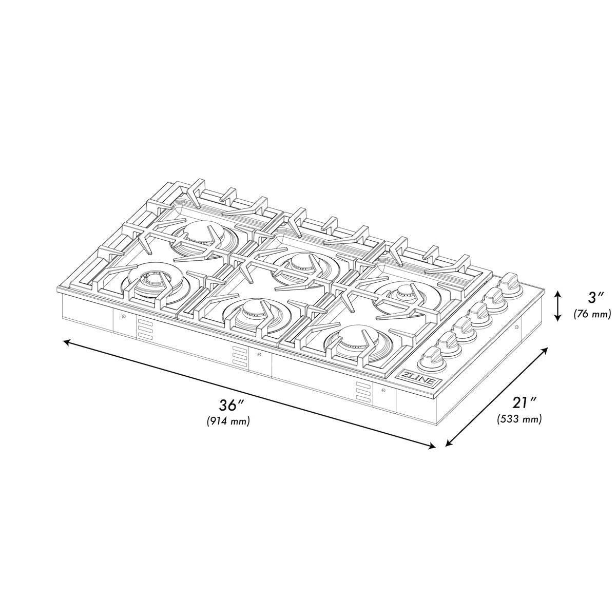 ZLINE 36 Inch Gas Cooktop | 6 Sealed Burners, 65,200 BTU & Stainless Steel