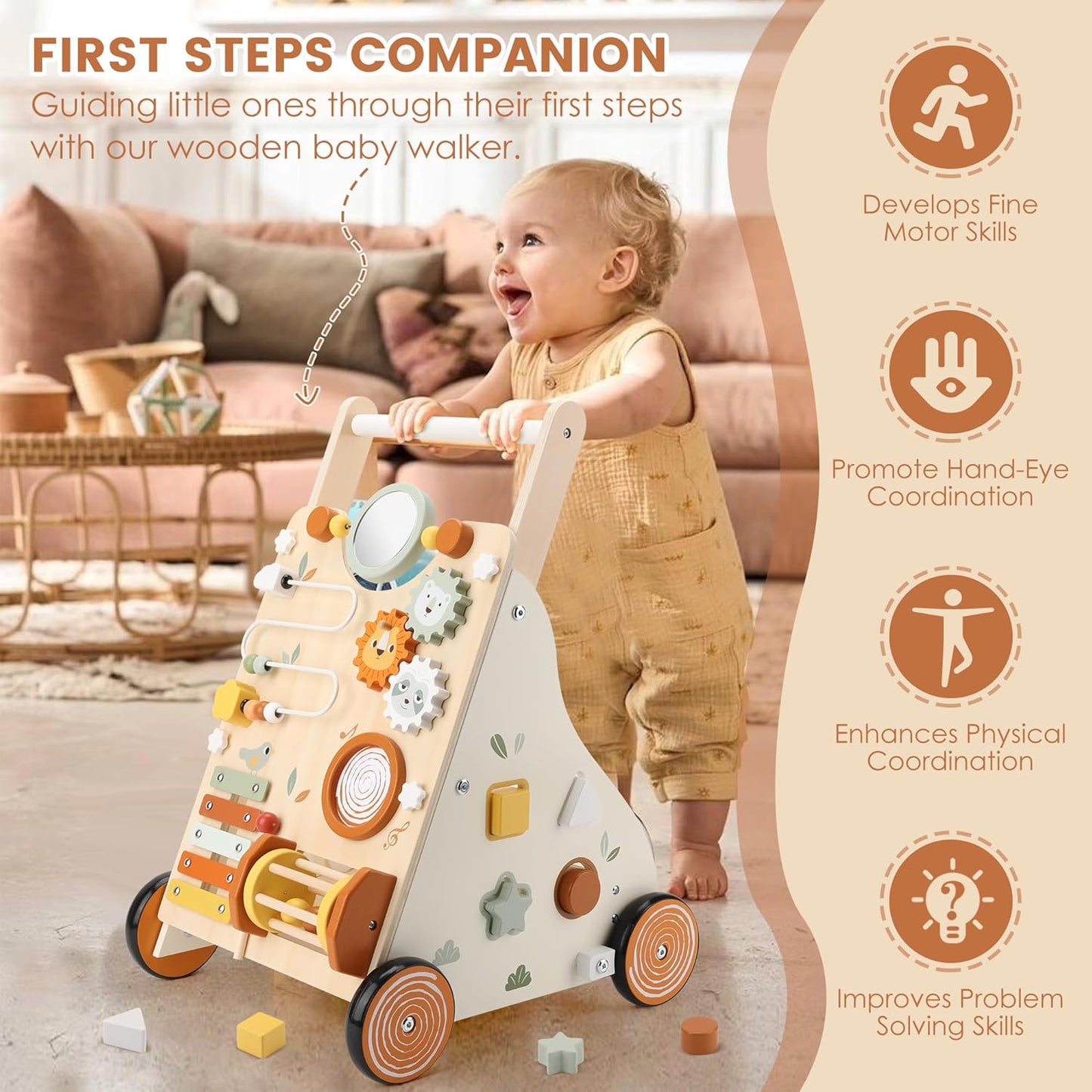 Wooden Baby Walker, Baby Push Walker with Activity Center for Girls Boys, Push Walker Toys for Babies Learning to Walk, Sit-to-Stand