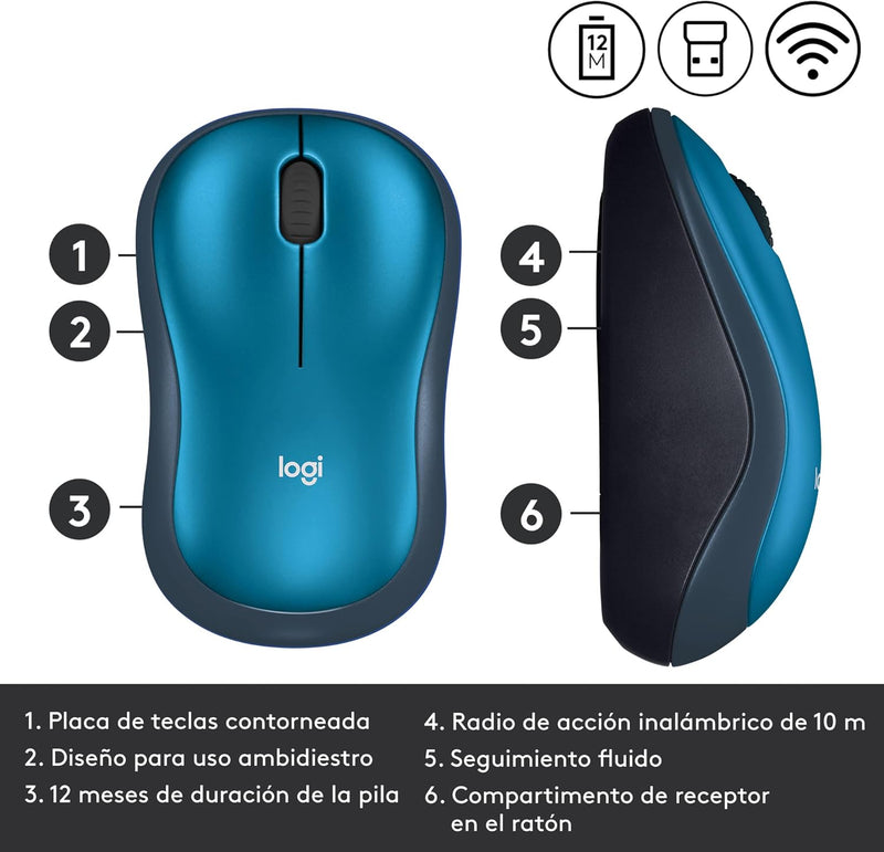 Logitech M185 Wireless Mouse, 2.4GHz with USB Mini Receiver, 12-Month Battery Life, 1000 DPI Optical Tracking, Ambidextrous, Compatible with PC, Mac, Laptop - Blue