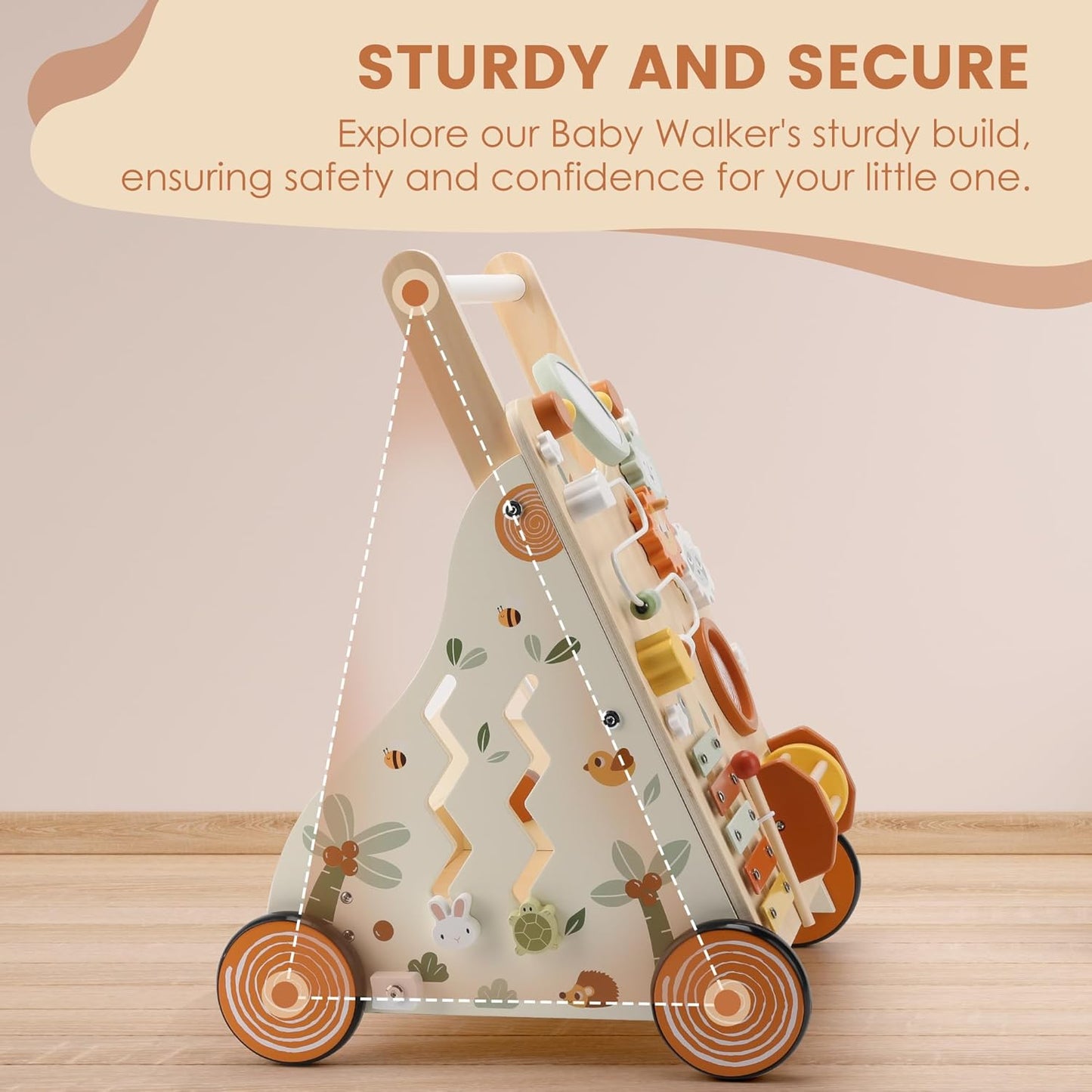 Wooden Baby Walker, Baby Push Walker with Activity Center for Girls Boys, Push Walker Toys for Babies Learning to Walk, Sit-to-Stand