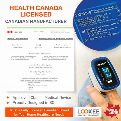 LOOKEE LK50D1 Deluxe Fingertip Pulse Oximeter | Proudly Canadian | Finger SpO2 Blood Oxygen Saturation Monitor with Auto Rotate OLED Display Plethysmograph Waveform & Pulse Graph | Batteries Included