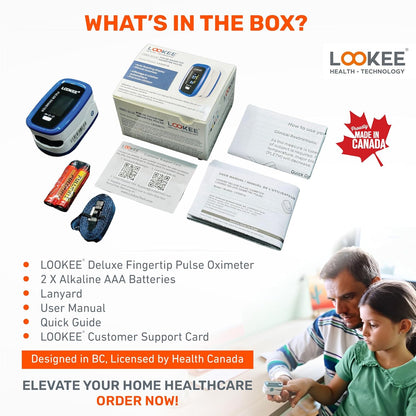 LOOKEE LK50D1 Deluxe Fingertip Pulse Oximeter | Proudly Canadian | Finger SpO2 Blood Oxygen Saturation Monitor with Auto Rotate OLED Display Plethysmograph Waveform & Pulse Graph | Batteries Included