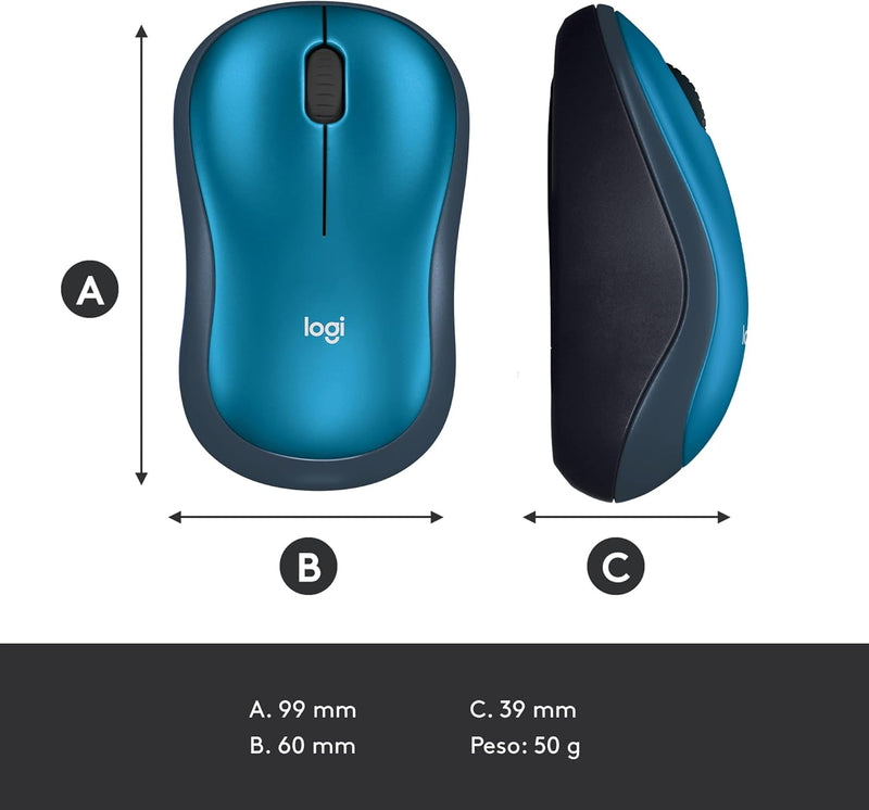 Logitech M185 Wireless Mouse, 2.4GHz with USB Mini Receiver, 12-Month Battery Life, 1000 DPI Optical Tracking, Ambidextrous, Compatible with PC, Mac, Laptop - Blue