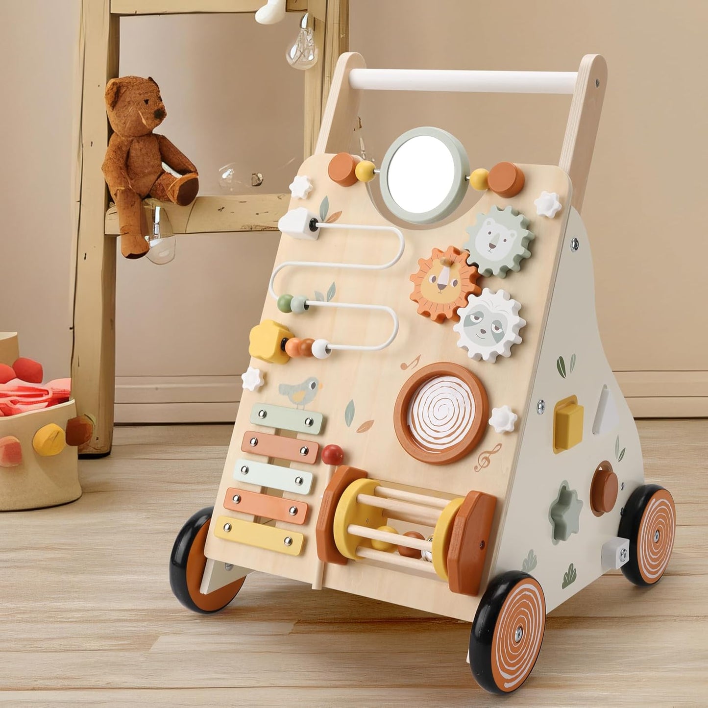 Wooden Baby Walker, Baby Push Walker with Activity Center for Girls Boys, Push Walker Toys for Babies Learning to Walk, Sit-to-Stand